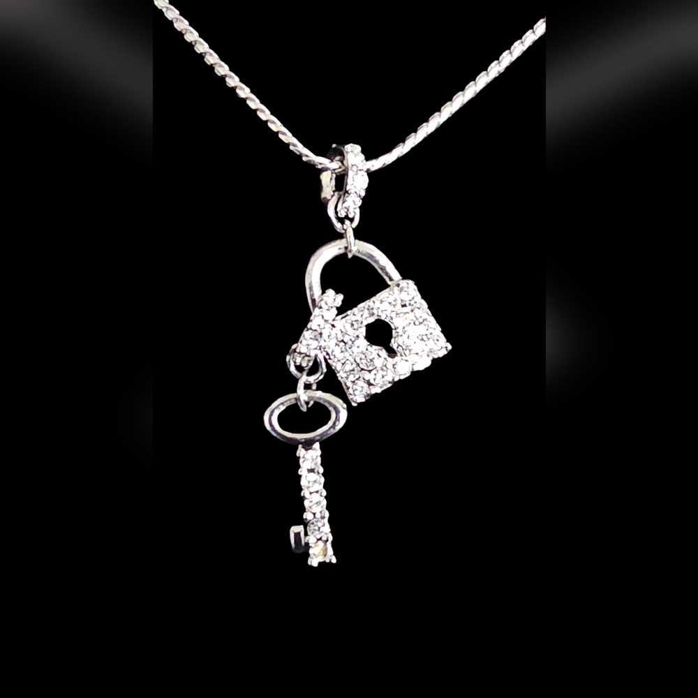 Swarovski Silver Tone Crystal Lock and Key Necklace 18"